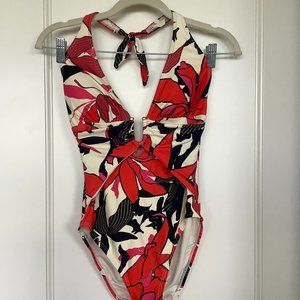 Vince Camuto Printed One-Piece Halter Swimsuit, Wild Lotus, Size 6
